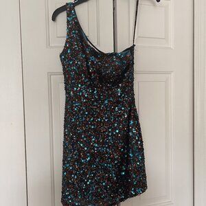 One shoulder blue and brown sequin dress